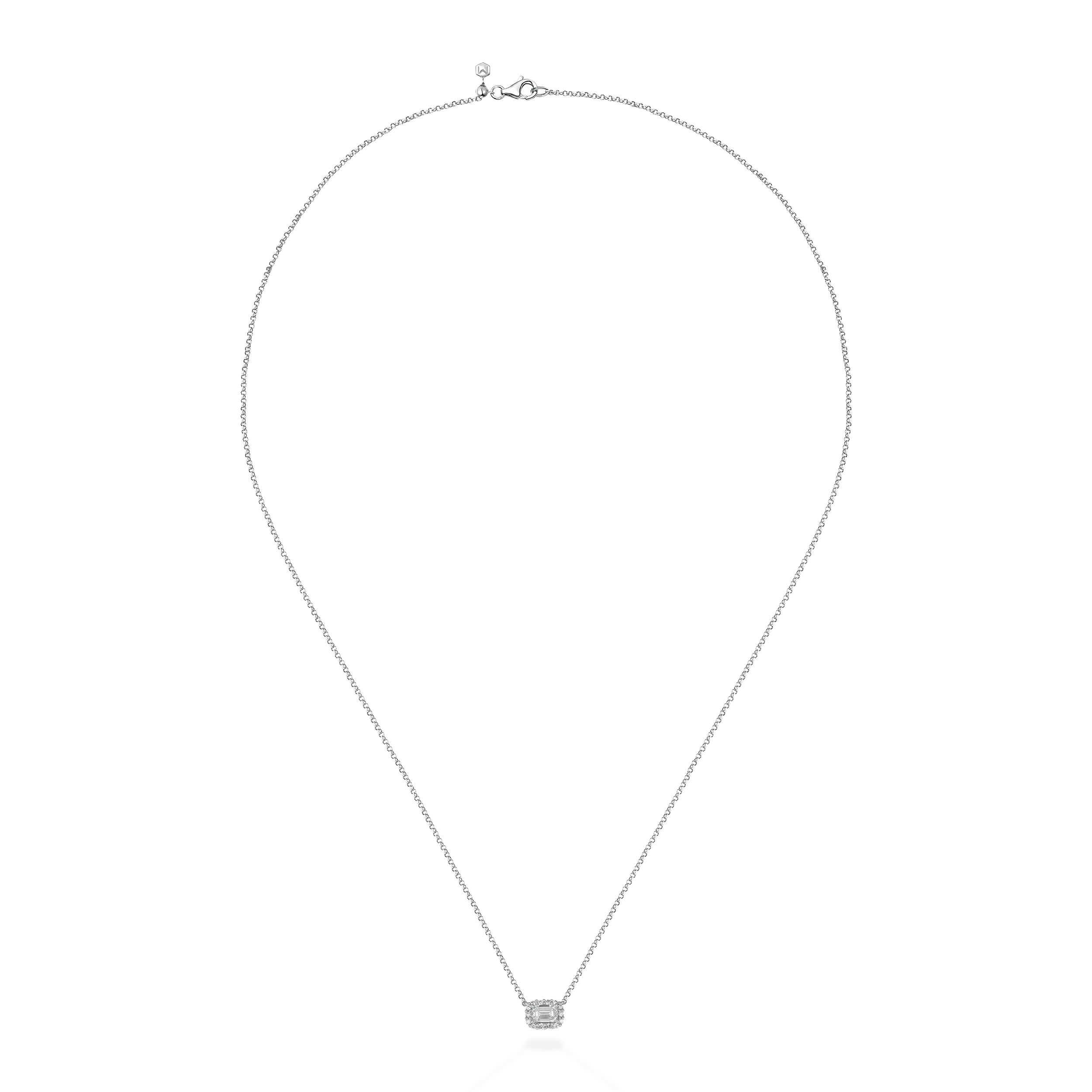Sideways halo emerald cut diamond necklace
